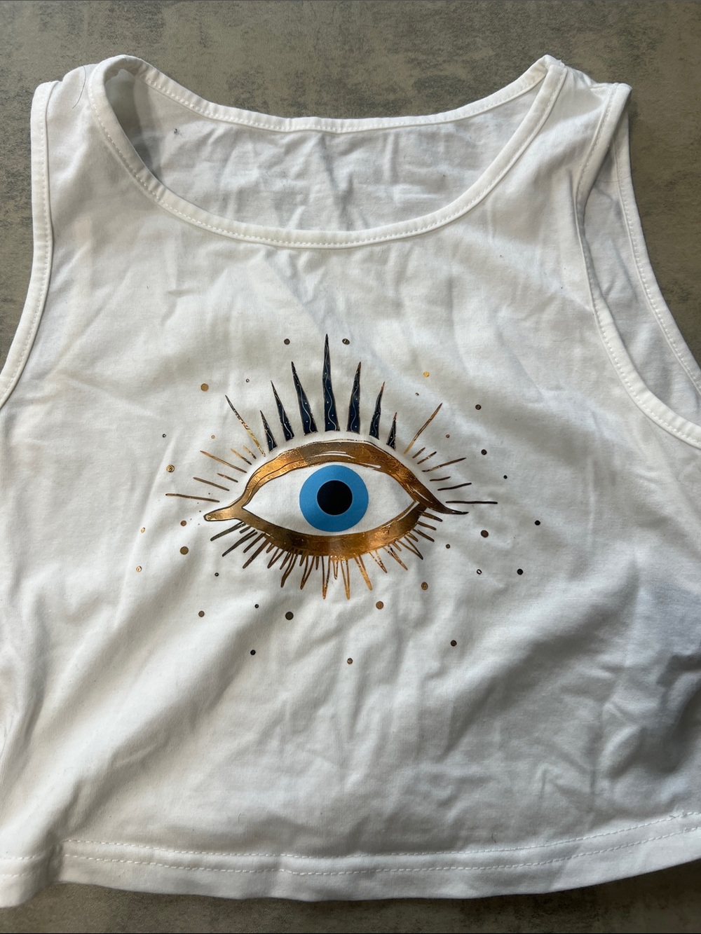 SHEIN White Crop Tank with Gold & Blue Eye Graphic